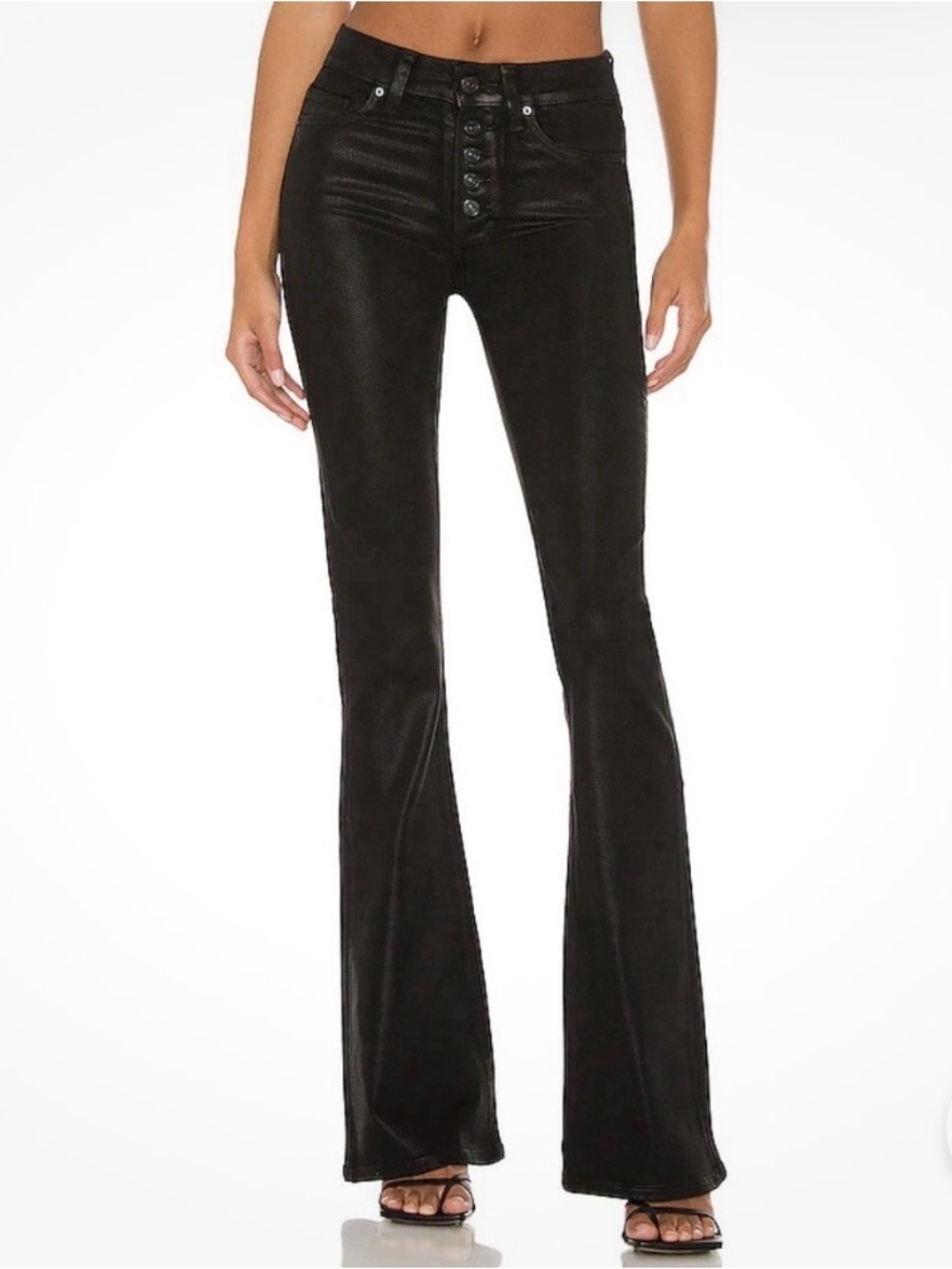 PAIGE Lou Lou High Rise Buttonfly Black Fog Luxe Coated Flare Jeans size 26 EUC